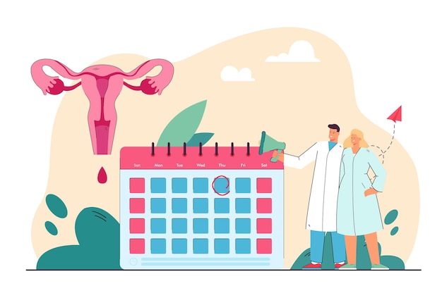 Pequeños médicos con megáfono cerca del calendario y el útero. Calendario de menstruación e ilustración de vector plano de salud reproductiva de la mujer. Concepto de atención médica para banner, diseño de sitio web o página web de inicio