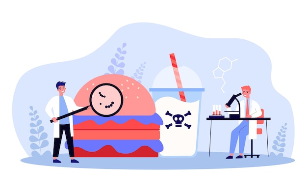 Pequeños médicos que examinan alimentos poco saludables en el laboratorio. Profesional médico con lupa, hamburguesa enorme e ilustración vectorial plana de soda. Medicina, dieta, concepto de salud para banner o página de inicio