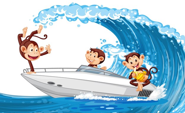 Pequeños monos en lancha rápida en las olas del océano