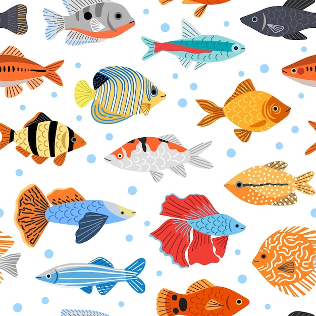 Vector pequeños peces decorativos acuario habitantes submarinos diferencia razas coloridas criaturas flotantes con aletas vector seamless patternjpg