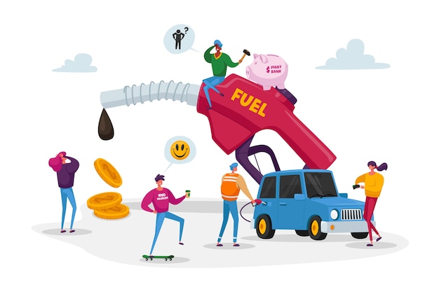 Vector pequeños personajes alrededor de una enorme manguera de gasolina