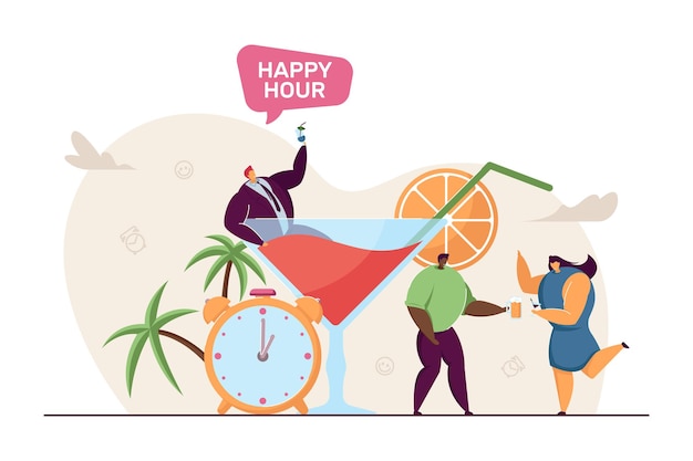 Pequeños personajes celebrando la promoción en un pub o restaurante. Hombre de negocios en la ilustración de vector plano de vidrio enorme. Happy hour, alcohol, concepto de fiesta para banner, diseño de sitio web o página de destino