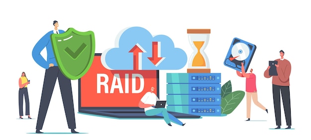 Pequeños personajes en el centro de datos alrededor de una enorme computadora portátil con RAID, matriz redundante de almacenamiento en discos independientes, concepto de respaldo. Tecnologías modernas y servidores de alojamiento. Ilustración de Vector de gente de dibujos animados