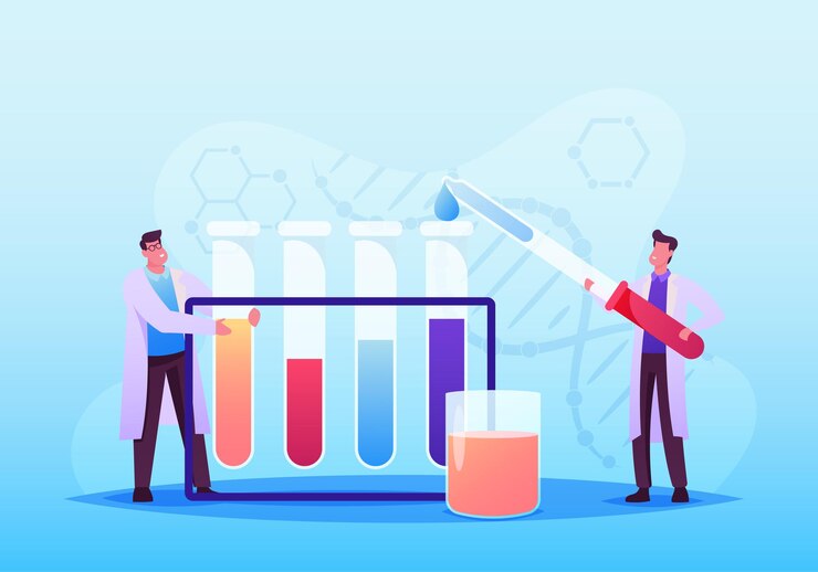 Vector pequeños personajes científicos con batas blancas realizan investigaciones médicas o experimentos en un laboratorio de ciencias