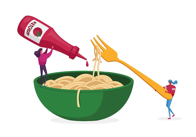 Pequeños Personajes Comiendo Pasta Espagueti Vertiendo Salsa Kétchup