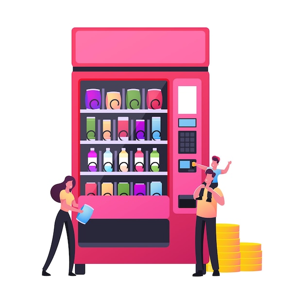 Pequeños personajes comprando bocadillos en una máquina expendedora.