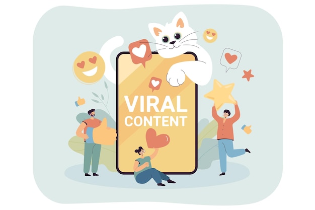 Pequeños personajes frente a la pantalla digital del teléfono inteligente y un gracioso gato blanco. Personas que navegan por Internet, buscan contenido viral, hacen clic como ilustración vectorial plana. Persona y concepto de redes sociales.