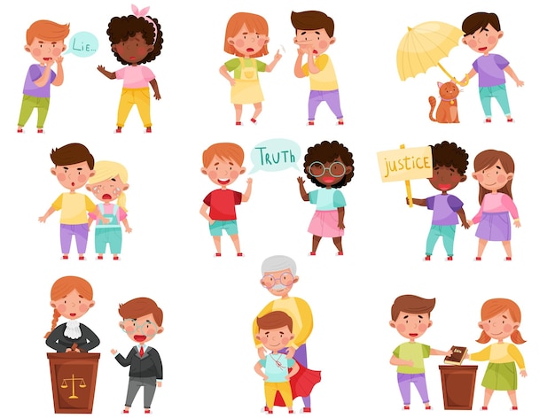 Vector pequeños personajes infantiles jugando de manera justa y honesta conjunto de ilustraciones vectoriales