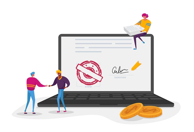 Vector pequeños personajes masculinos y femeninos alrededor de una enorme computadora portátil con documento