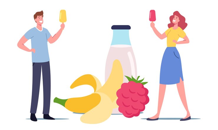 Vector pequeños personajes masculinos y femeninos con paleta de helado de frutas en una enorme botella de yogur y frutas