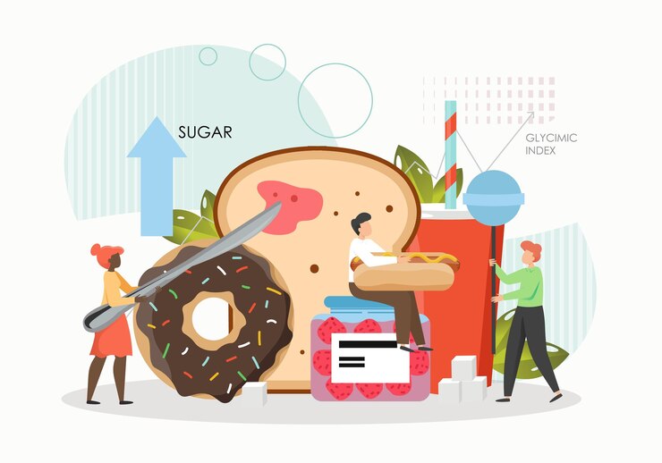 Vector pequeños personajes masculinos y femeninos que comen azúcar, dulces, alimentos de trigo