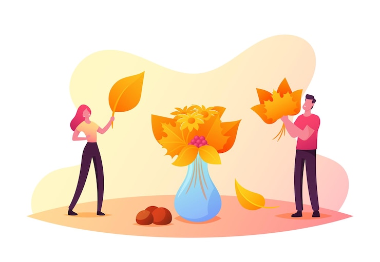 Vector pequeños personajes masculinos y femeninos que recogen un ramo de otoño ponen coloridas hojas caídas