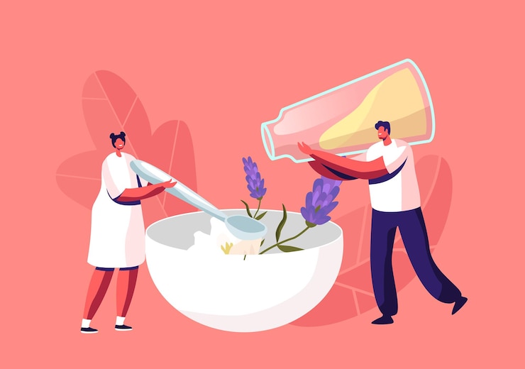 Vector pequeños personajes masculinos y femeninos vierten ingredientes naturales flores y aceite esencial en un tazón enorme mezclándolo con una cuchara para hacer jabón hecho a mano