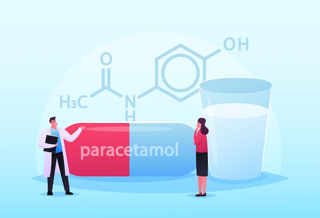 Pequeños personajes de médicos y pacientes se paran en la enorme fórmula de medicamento de paracetamol