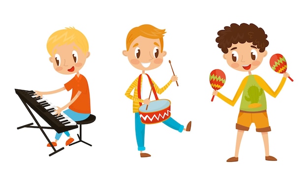 Pequeños personajes de niño tocando el tambor y el conjunto de ilustraciones vectoriales de Maraca