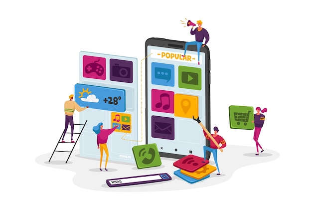 Pequeños personajes trabajan en equipo en un enorme teléfono inteligente Ponga los iconos de la aplicación en la pantalla