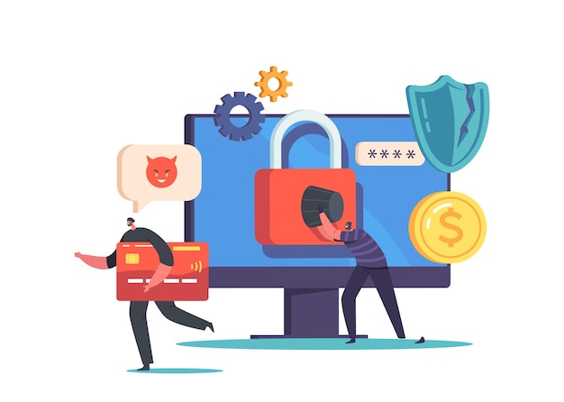 Pequeños piratas informáticos que piratean datos personales o de tarjetas de crédito en línea Personajes masculinos atacan un enorme phishing informático a través de Internet