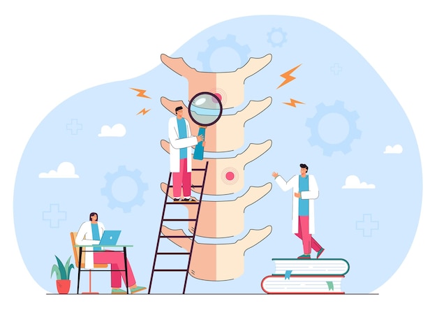 Pequeños quiroprácticos que miran la columna vertebral que sufren de dolor crónico y hacen un diagnóstico. Tratamiento de problemas de espalda y lesiones ilustración vectorial plana. Cuidado de la salud, osteopatía, concepto de anatomía