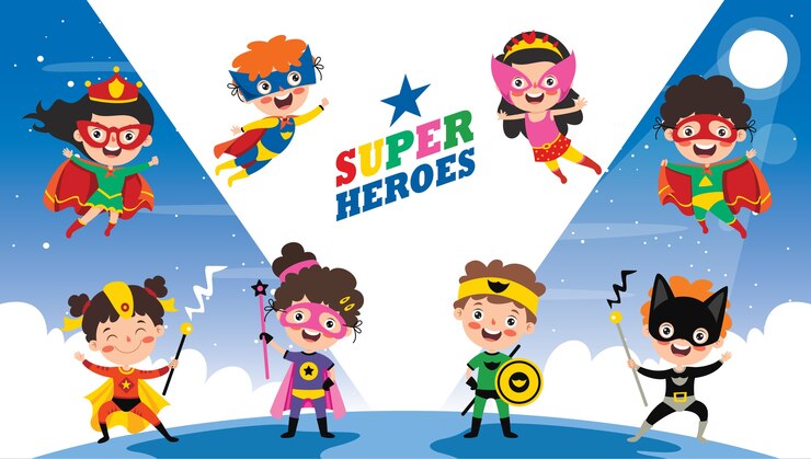Vector pequeños superhéroes divertidos dibujos animados posando