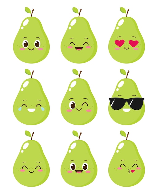 Pera de dibujos animados con cara divertida Conjunto de emoji de pera lindo feliz Emoticono de fruta divertida Ilustración de vector de carácter de comida vegetariana saludable