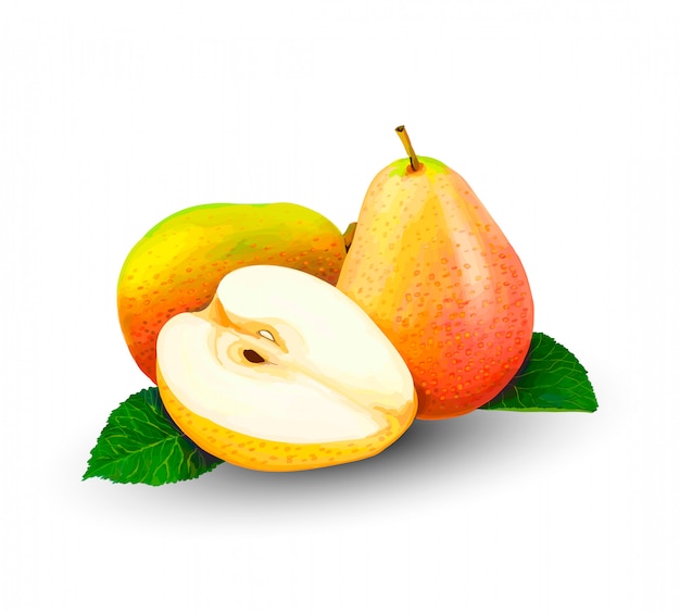 Pera entera y en rodajas., Fruta dulce sobre un fondo blanco. Vector ilustración realista