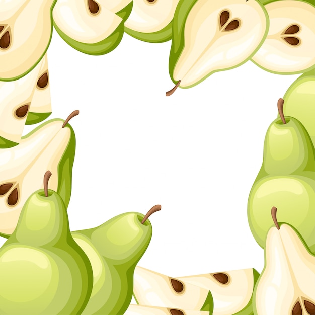 Pera y rodajas de pera. Ilustración de peras. Ilustración para cartel decorativo, producto natural emblema, mercado de agricultores. Página web y aplicación móvil