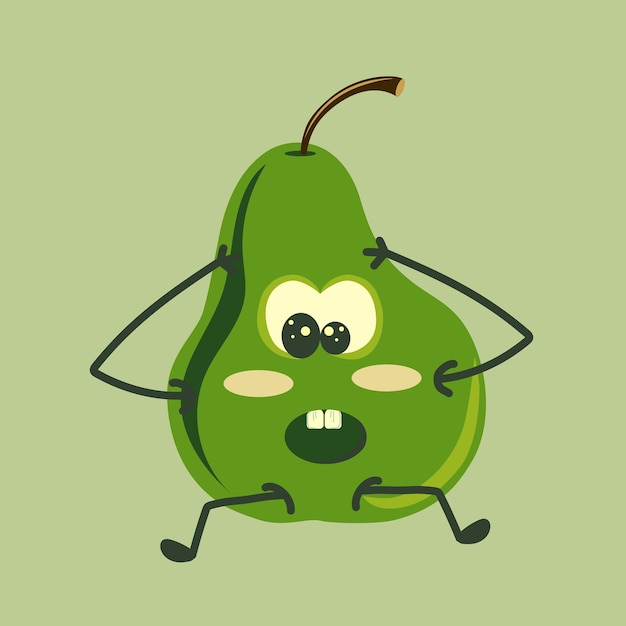 Una pera verde con ojos y boca brazos y piernas en shock el estilo de dibujos animados y elementos simples