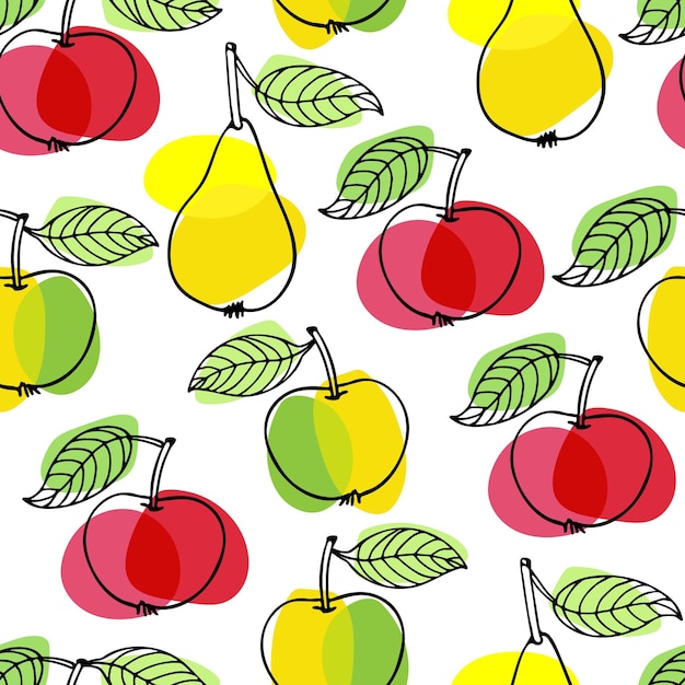 Peras y manzanas con hojas dibujadas a mano de patrones sin fisuras Fruta de verano brillante Vector de contorno