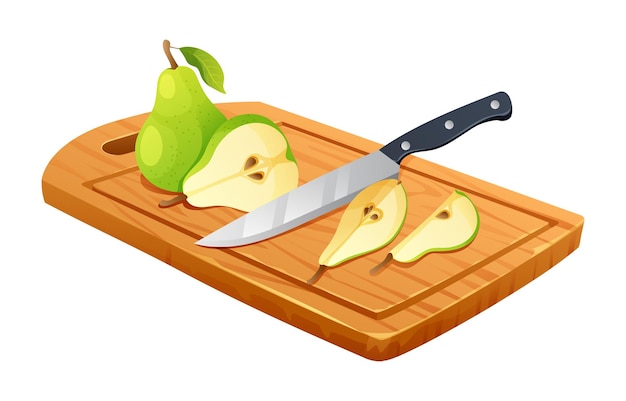 Vector peras verdes cortadas con cuchillo en la tabla de corte ilustración vectorial aislada en fondo blanco