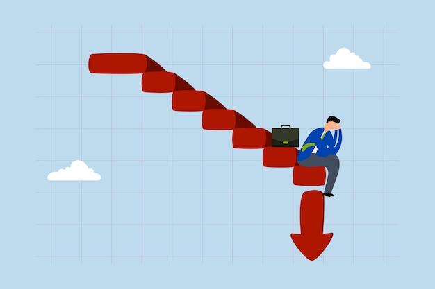 Pérdida de capital Inversor emprendedor con dificultades en medio de la caída de gráficos y gráficos rojos