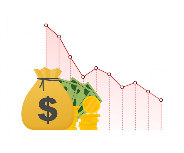 Pérdida de dinero efectivo con gráfico de acciones de flecha hacia abajo, concepto de crisis financiera, caída del mercado, bancarrota. ilustración de stock