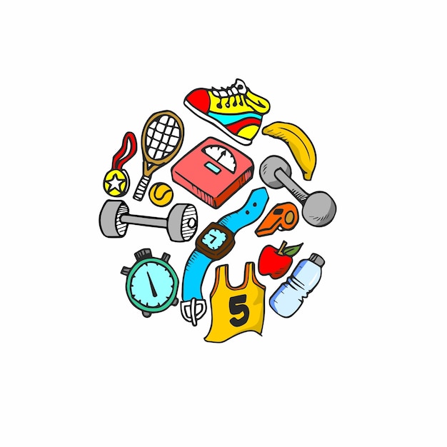Pérdida de peso, acondicionamiento físico y estilo de vida saludable Conjunto de elementos lindos en estilo doodle