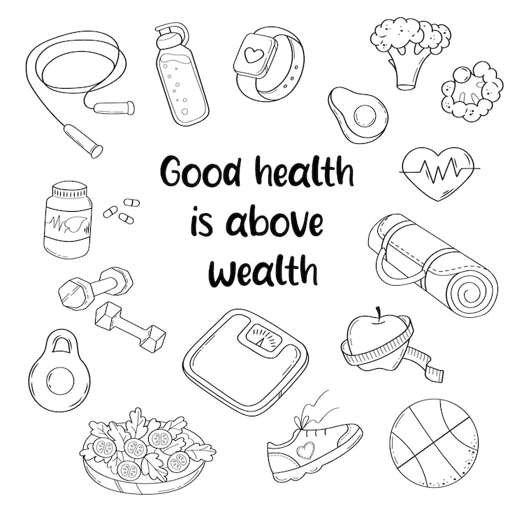 Vector pérdida de peso, acondicionamiento físico y estilo de vida saludable conjunto vectorial de elementos lindos en estilo doodle