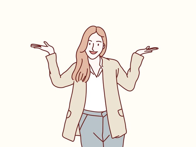 Perdón, no sé, no tengo idea, despistado, encogimiento de hombros, gesto confuso, empleada joven, ilustración de estilo coreano simple.
