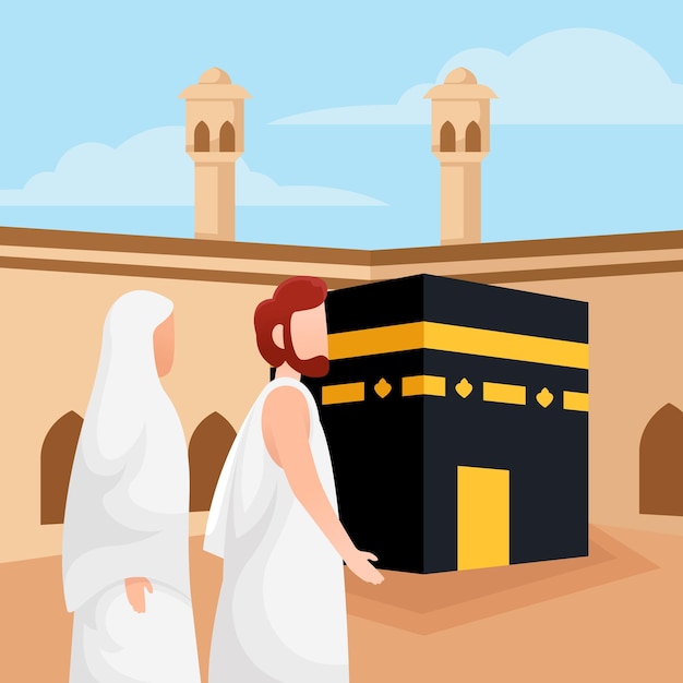 Peregrinación del hajj islámico. la gente está caminando alrededor de la kaaba. ilustración vectorial plana