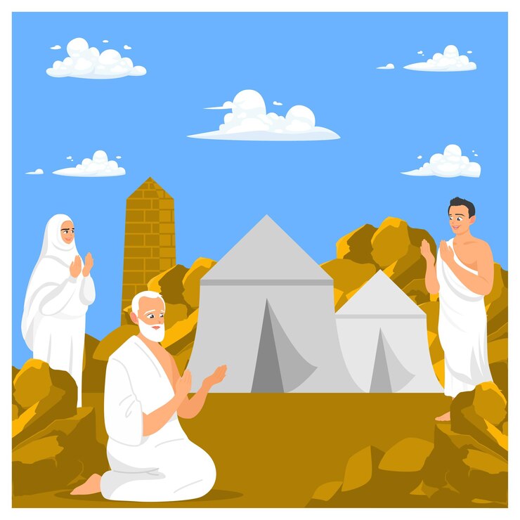 Vector los peregrinos del hajj descansan en tiendas de campaña mientras realizan la peregrinación se encuentran en mina concepto de peregrinación del hajj islámico ilustración vectorial plana