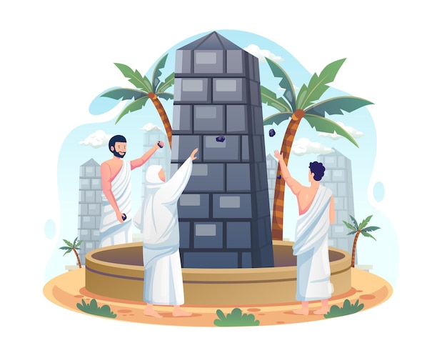 Peregrinos musulmanes arrojan piedras al pilar del diablo o Jamarat en la ilustración de la peregrinación Hajj