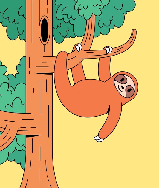 Perezoso colgando de una rama de árbol Ilustración vectorial de dibujos animados dibujada a mano