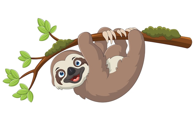 Perezoso de dibujos animados colgando de una rama de árbol