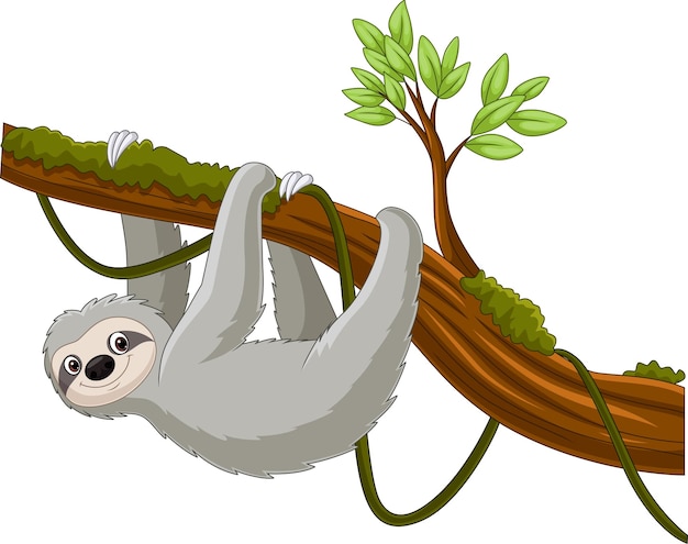 Perezoso de dibujos animados colgando de una rama de árbol