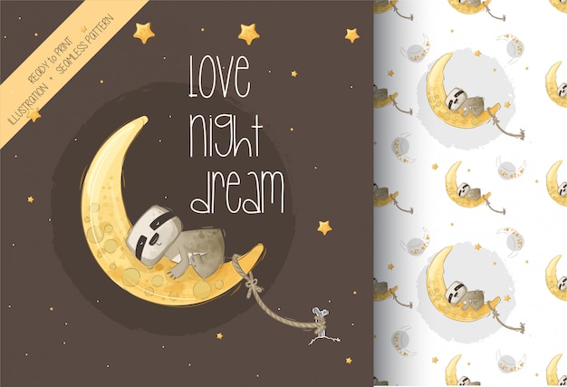 Perezoso lindo durmiendo en la ilustración de la luna con patrones sin fisuras