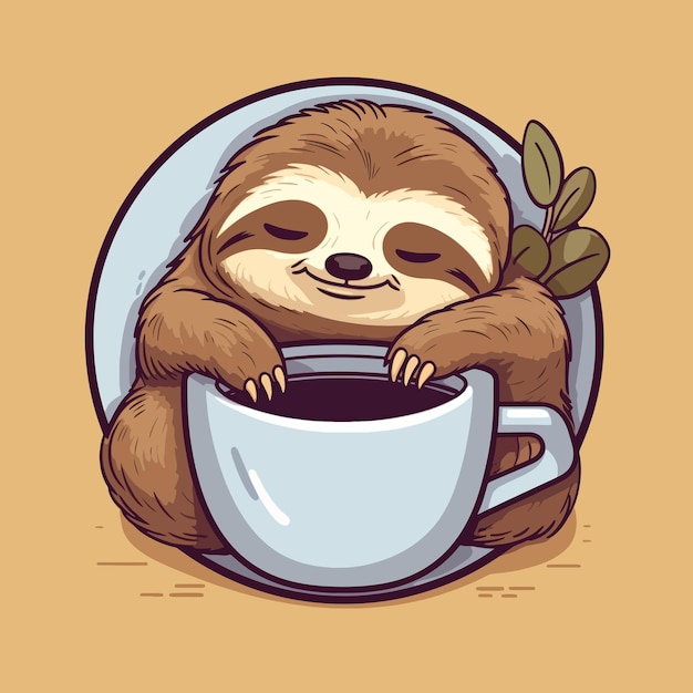 Vector el perezoso lindo durmiendo con la ilustración vectorial de la taza de café