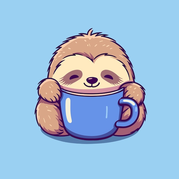 El perezoso lindo durmiendo con la ilustración vectorial de la taza de café