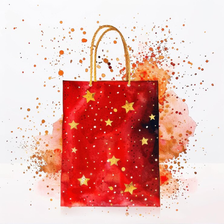Vector perfecta bolsa de papel de cartón rojo con estrellas doradas y brilla alrededor ilustración de acuarela