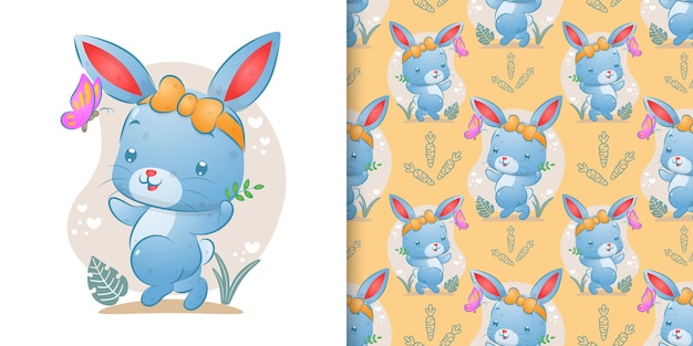 La perfecta del conejo feliz con la cinta caminando cerca de la mariposa de la ilustración