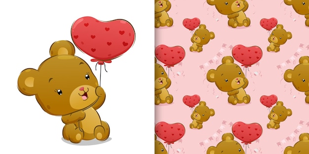 La perfecta del oso feliz está sentada mientras sostiene el globo rosa de amor de la ilustración