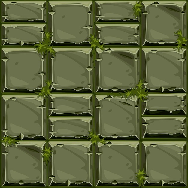 Perfecta textura de piedra verde sobre la hierba, azulejos de la pared de piedra de fondo. ilustración de vector de interfaz de usuario del elemento de juego