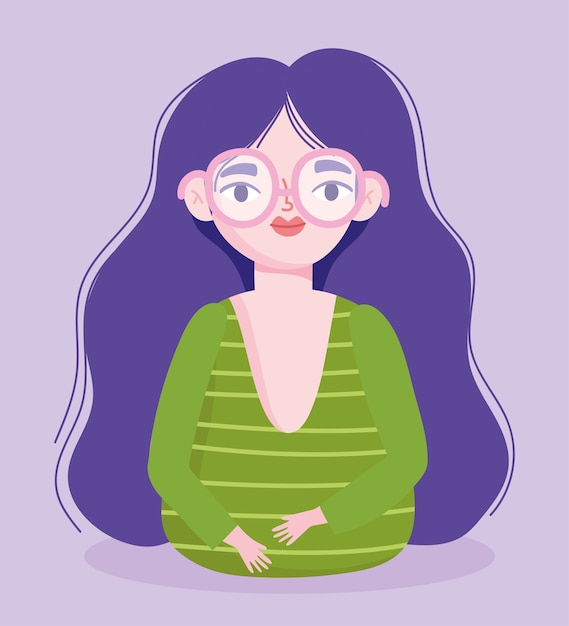 Perfectamente imperfecta, mujer de dibujos animados con gafas y cabello largo