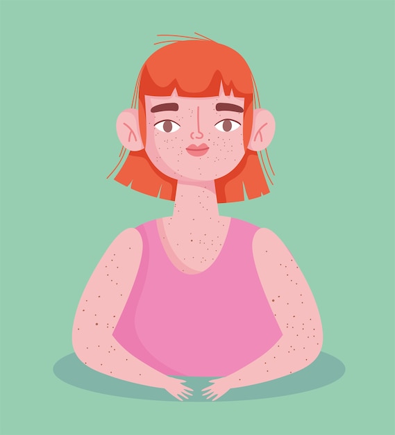 Vector perfectamente imperfecta, mujer de dibujos animados con problemas de pigmentación en la piel.