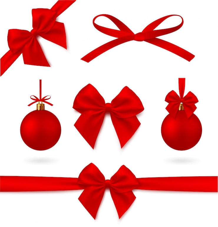 Vector perfecto rojo realista conjunto de decoraciones. bola de navidad, cinta y lazo. posibilidad de cambiar fácilmente de color. .